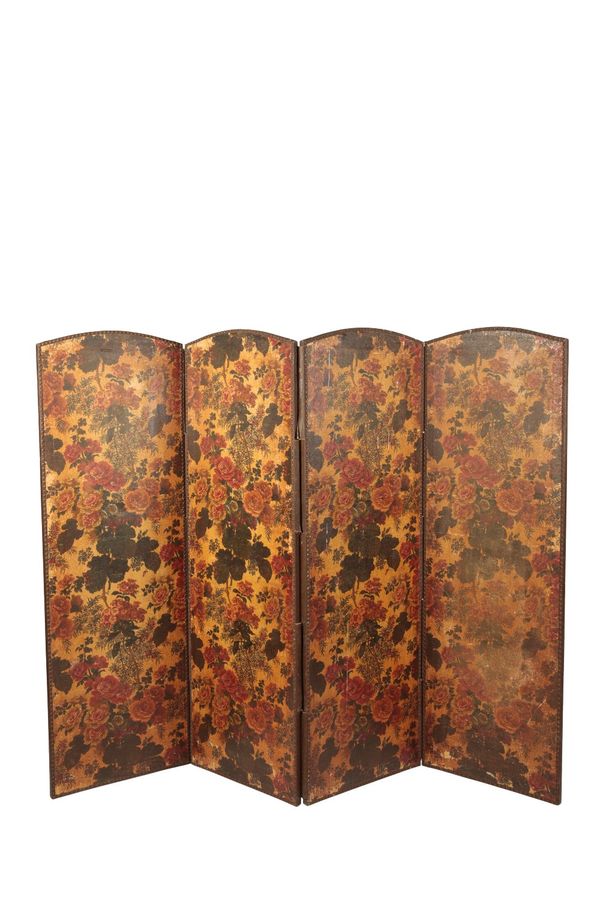 VICTORIAN PAINTED LEATHER FOUR FOLD SCREEN