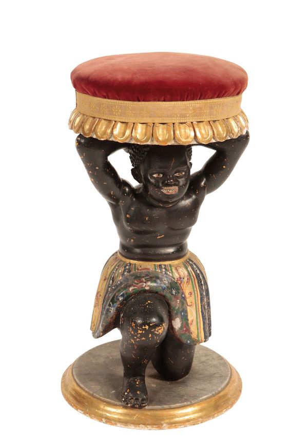 VICTORIAN PAINTED AND PARCEL GILT CARVED 'BLACKAMOOR' STOOL