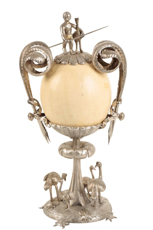 19TH CENTURY CONTINENTAL SILVER PLATED MOUNTED OSTRICH EGG