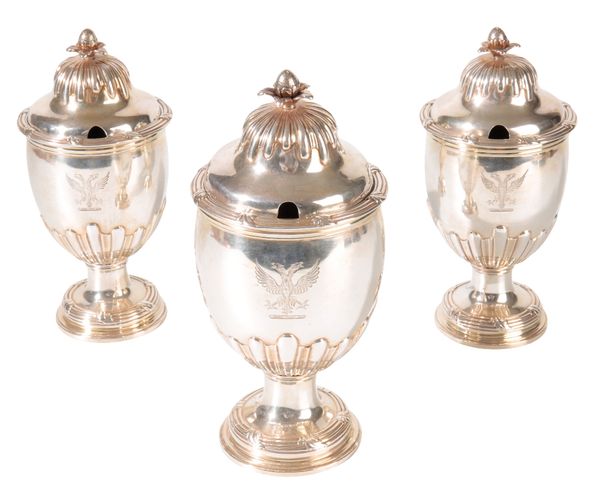 SET OF GEORGE II SILVER CONDIMENT VASES AND COVERS
