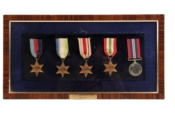 GROUP OF FRAMED WW2 MEDALS WITH A PLAQUE TO FRANK BROWN ROYAL NAVY