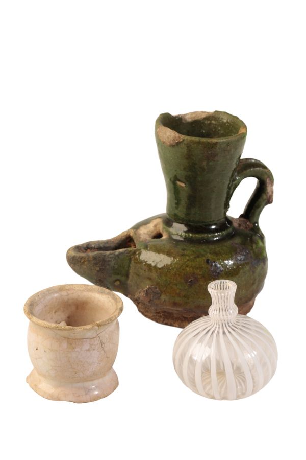 ISLAMIC GREEN GLAZED MEDIEVAL POTTERY OIL LAMP