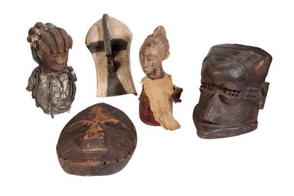 THREE ZAIREAN MASKS AND TWO OTHER AFRICAN FIGURES