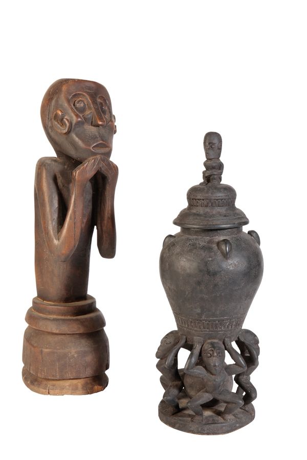 CARVED WOODEN LIDDED VESSEL WITH FINIAL