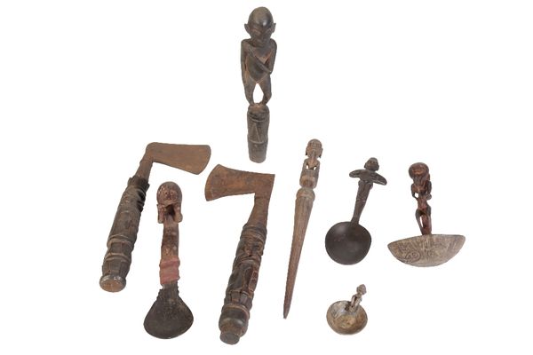 TWO NIAS AXES AND THREE DAYAK SPOONS