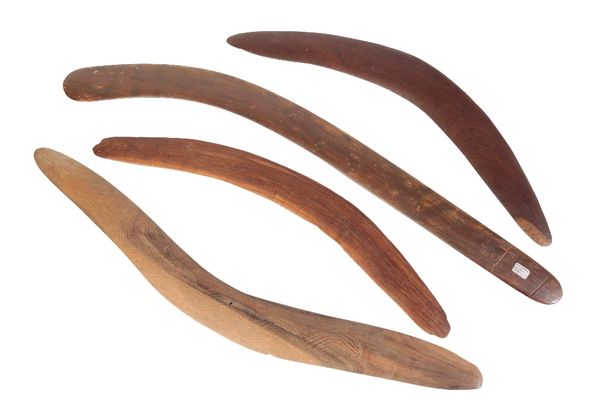 GROUP OF FOUR ABORIGNAL BOOMERANGS,