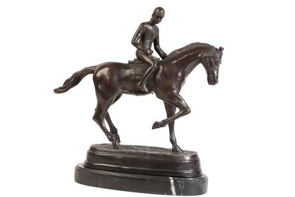 BRONZE FIGURE OF A RACEHORSE AND JOCKEY