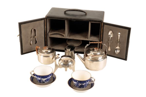 W.J. LINTON: A SILVER PLATED TRAVELLING TWO PERSON TEA SET