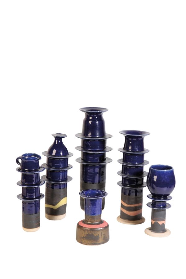 •ALAN ASHPOOL (b.1932): SIX "PAGODA" STONEWARE VASES