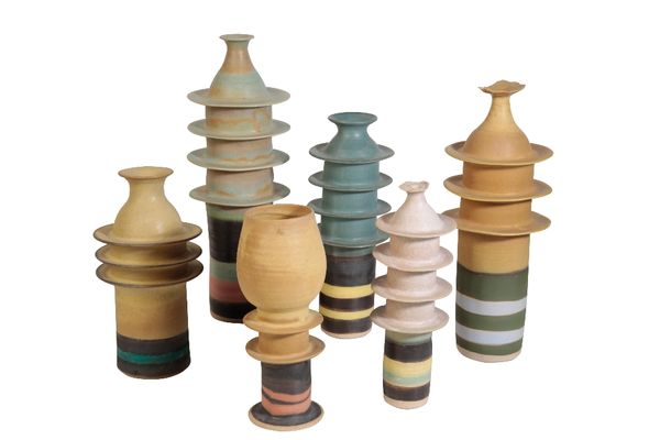 •ALAN ASHPOOL (b.1932): SIX "PAGODA" STONEWARE AND STONEWARE VASES