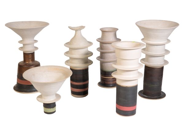 •ALAN ASHPOOL (b.1932): SIX "PAGODA" STONEWARE AND STONEWARE VASES