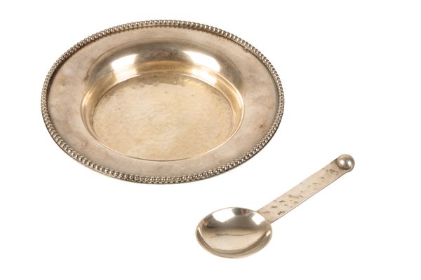 •JEAN DESPRES: A SILVERED METAL JAM DISH AND SPOON