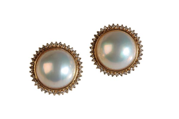 PAIR OF MABE PEARL AND DIAMOND EAR CLIPS