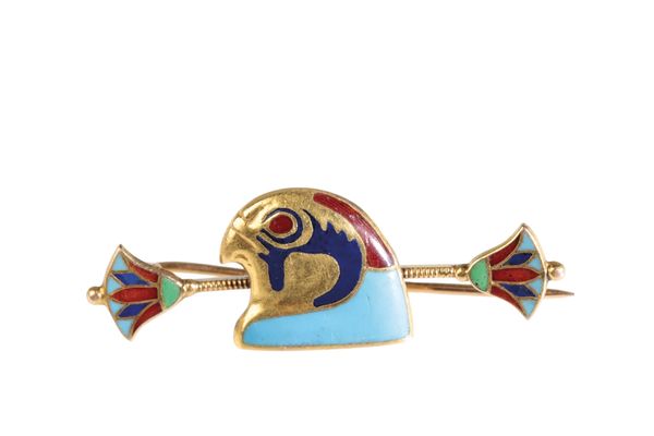 18CT YELLOW GOLD AND ENAMEL ETRUSCAN "HORUS" BROOCH