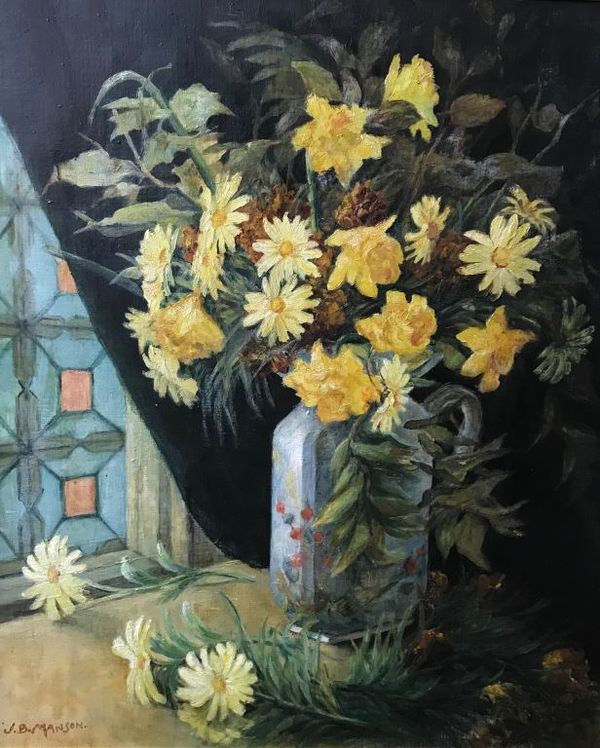 JAMES BOLIVAR MANSON A still life of flowers in a vase on a windowsill