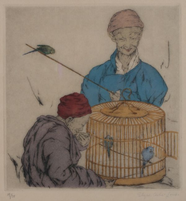 •ELYSE ASHE LORD (1900-1971) Two elderly Chinese men gathered around a birdcage