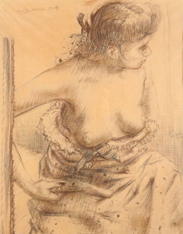 •NIGEL LAMBOURNE (1919-1988) A half-length portrait study of a partially dressed female