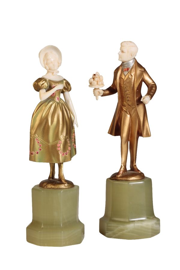 FERDINAND PREISS (1882 - 1943) : A PAIR OF GILT COLD PAINTED BRONZE AND IVORY FIGURES