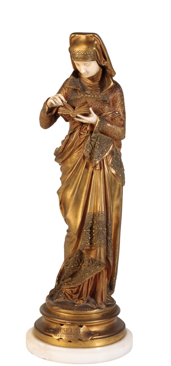 ALBERT ERNEST CARRIER-BELLEUSE (1824-1887); A GILT BRONZE AND IVORY SCULPTURE "LISEUSE"