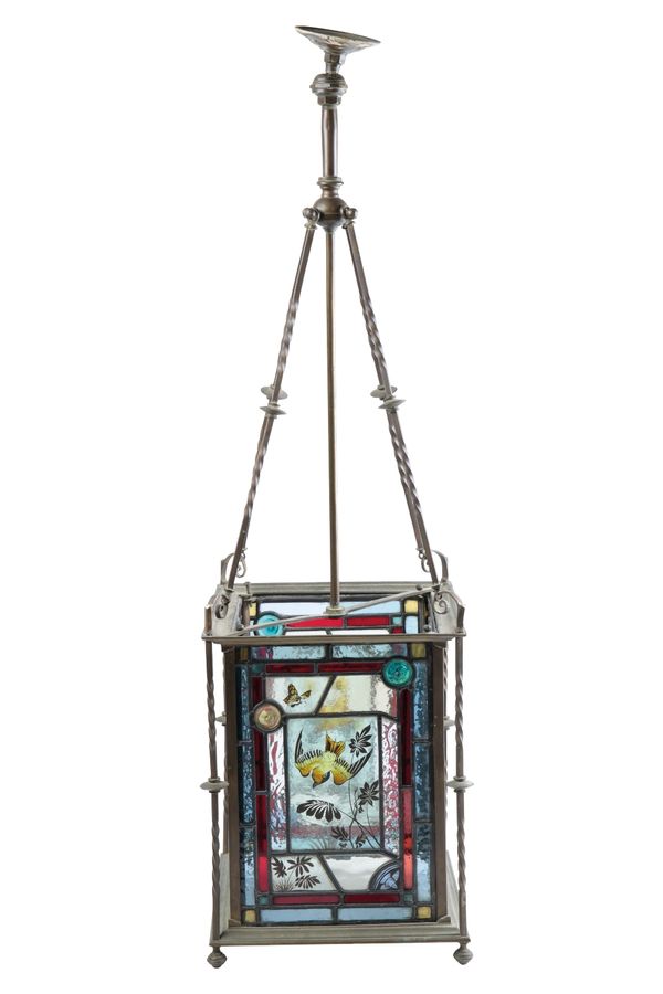 AESTHETIC MOVEMENT BRASS FRAMED LEADED STAINED GLASS HALL LANTERN