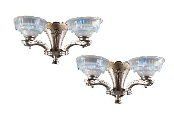 EZAN: A PAIR OF ART DECO CHROME AND OPALESCENT DUAL WALL LIGHTS