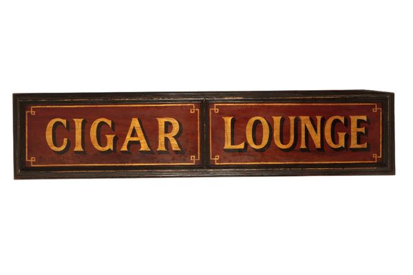 DECORATIVE MAHOGANY GILT PAINTED SIGN "CIGAR LOUNGE"