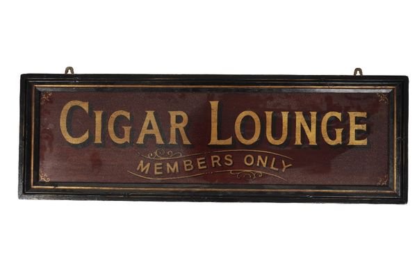 DECORATIVE MAHOGANY GILT PAINTED WALL SIGN "CIGAR LOUNGE, MEMBERS ONLY" 