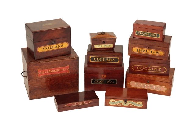 COLLECTION OF 19TH CENTURY AND LATER OAK, MAHOGANY AND ROSEWOOD ADVERTISING BOXES