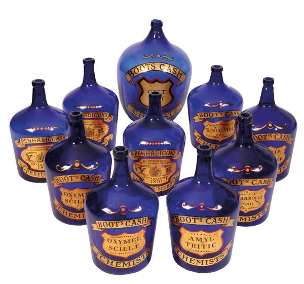 COLLECTION OF TEN BRISTOL BLUE DEMIJOHNS