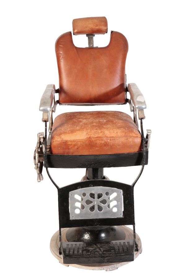 INDUSTRIAL POLISHED ALUMINIUM AND PAINTED STEEL BARBERS CHAIR