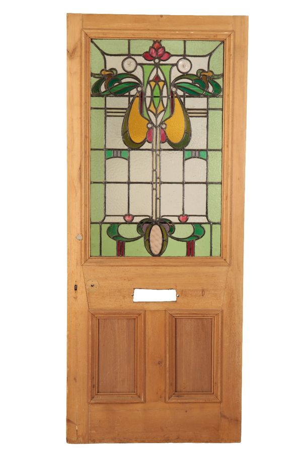 ART NOUVEAU PINE FRAMED LEADED STAINED GLASS DOOR