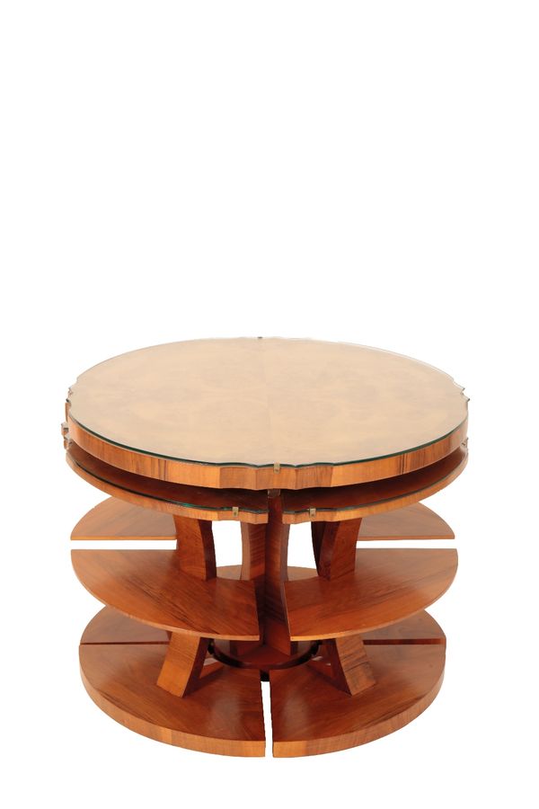 HARRY AND LOU EPSTEIN: A BIRDSEYE MAPLE AND WALNUT NEST OF TABLES