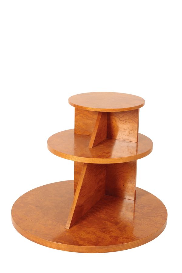 HILLE: AN ART DECO BURR ELM THREE TIER OCCASIONAL TABLE