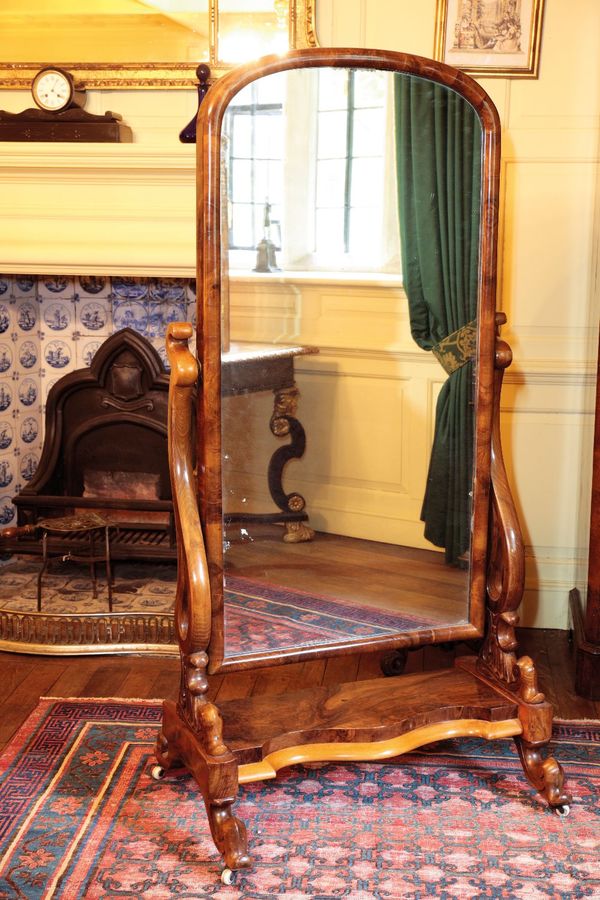 A VICTORIAN BURR-WALNUT CHEVAL MIRROR