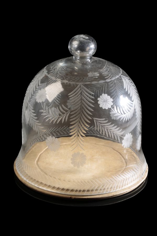 EDWARDIAN ETCHED GLASS CHEESE DISH AND COVER