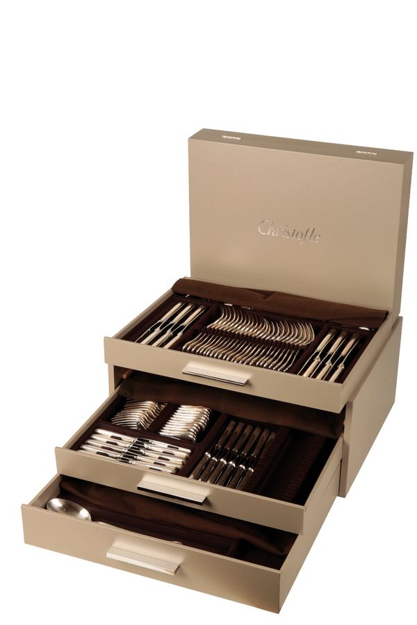 CHRISTOFLE: A CANTEEN OF SILVER PLATED "ALBI" PATTERN FLATWARE FOR TWELVE