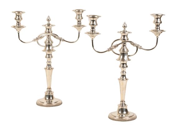 PAIR OF SILVER PLATED THREE-LIGHT CANDELABRA