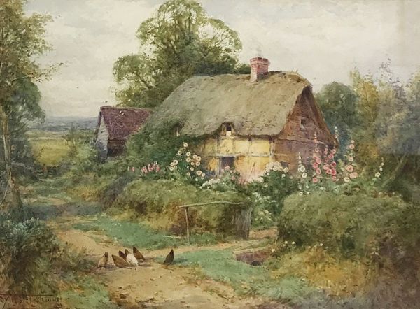 HENRY JOHN SYLVESTER STANNARD (1870-1951) View of a thatched cottage with chickens on the lane