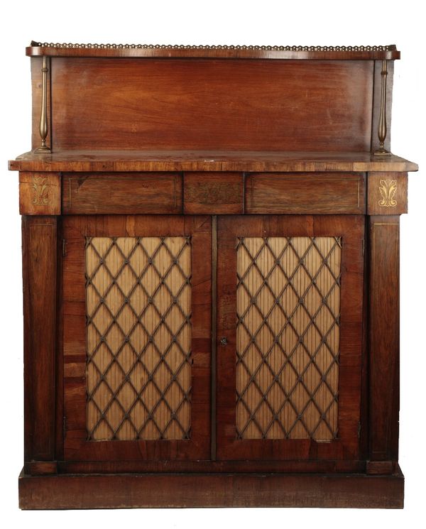 LATE REGENCY ROSEWOOD AND BRASS-INLAID CHIFFONIER