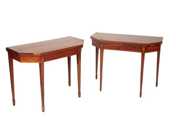 MATCHED PAIR OF GEORGE III MAHOGANY AND SATINWOOD CARD TABLES