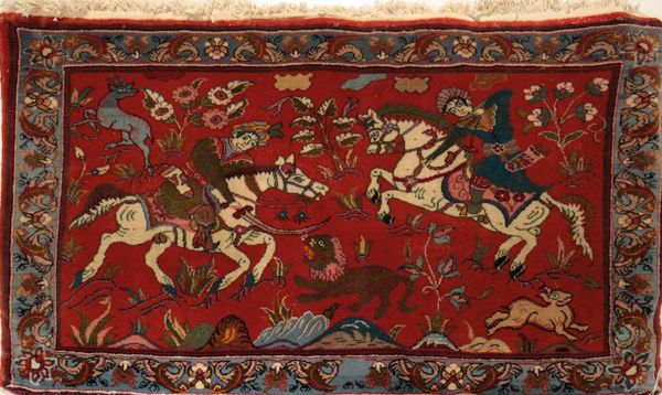 PERSIAN RUG WORKED WITH A HUNTING SCENE