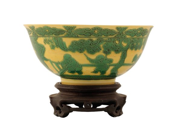 YELLOW-GLAZED GREEN-ENAMELLED 'EIGHT BOYS' BOWL, YONGZHENG SIX CHARACTER MARK AND OF THE PERIOD