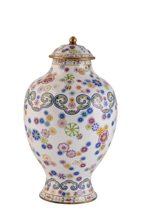 CANTON ENAMEL 'FLOWER-BALL' VASE AND COVER, QIANLONG FOUR CHARACTER MARK BUT LATER