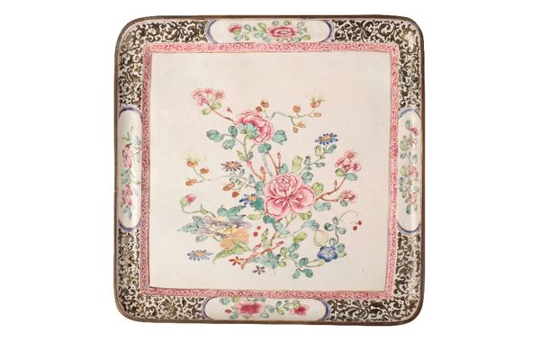 CANTON ENAMEL FAMILLE ROSE SQUARE TRAY, QING DYNASTY, 18TH CENTURY