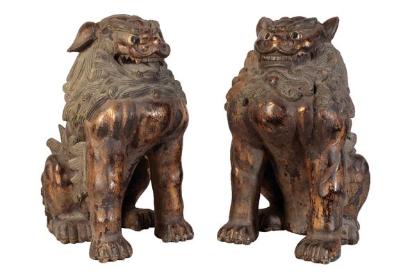 LARGE PAIR OF CARVED GILTWOOD BUDDHIST LIONS, LATE QING DYNASTY