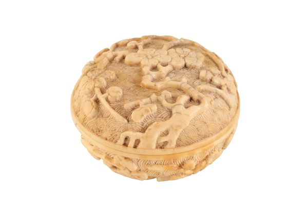 CARVED IVORY 'PRUNUS' SEAL PASTE BOX AND COVER, QING DYNASTY, 18TH CENTURY