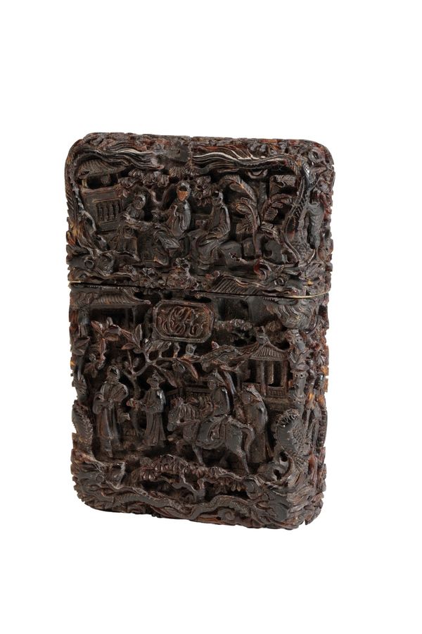 FINE CANTON EXPORT CARVED TORTOISESHELL CARD CASE, QING DYNASTY, 19TH CENTURY