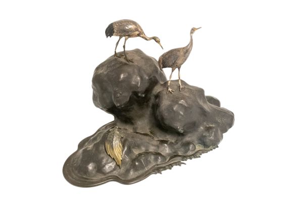 JAPANESE BRONZE AND SILVER OKIMONO OF CRANES AND A MINOGAME TURTLE, BY SEIFU