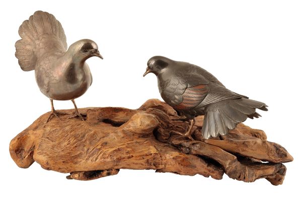 FINE SILVER AND BRONZE GROUP OF TWO DOVES, BY SEIFU