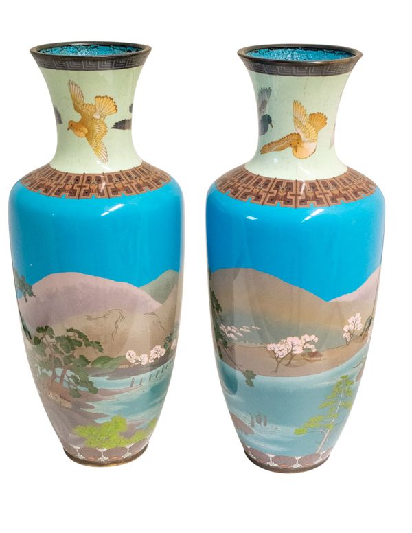 FINE AND LARGE PAIR OF JAPANESE CLOISONNE 'LANDSCAPE' VASES